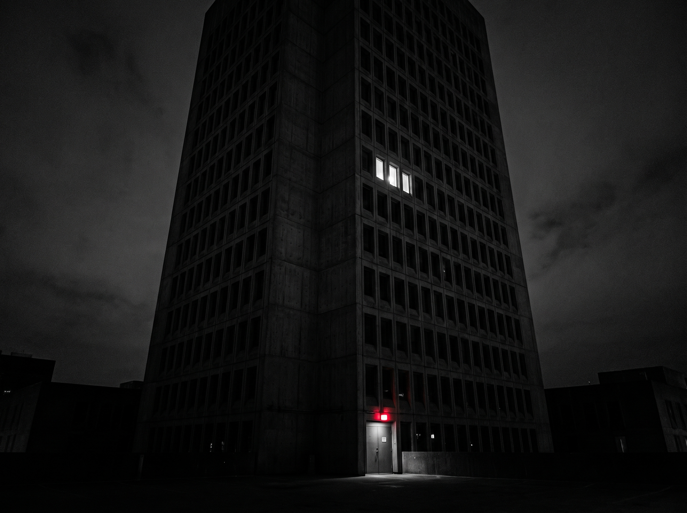 Brutalist tower at night with a single lit window — the only key worth owning