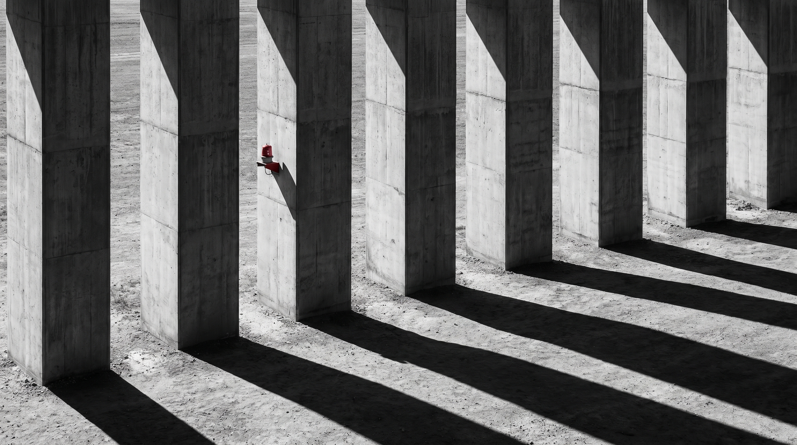 Brutalist concrete pillar grid with one red beacon highlighting a single pillar
