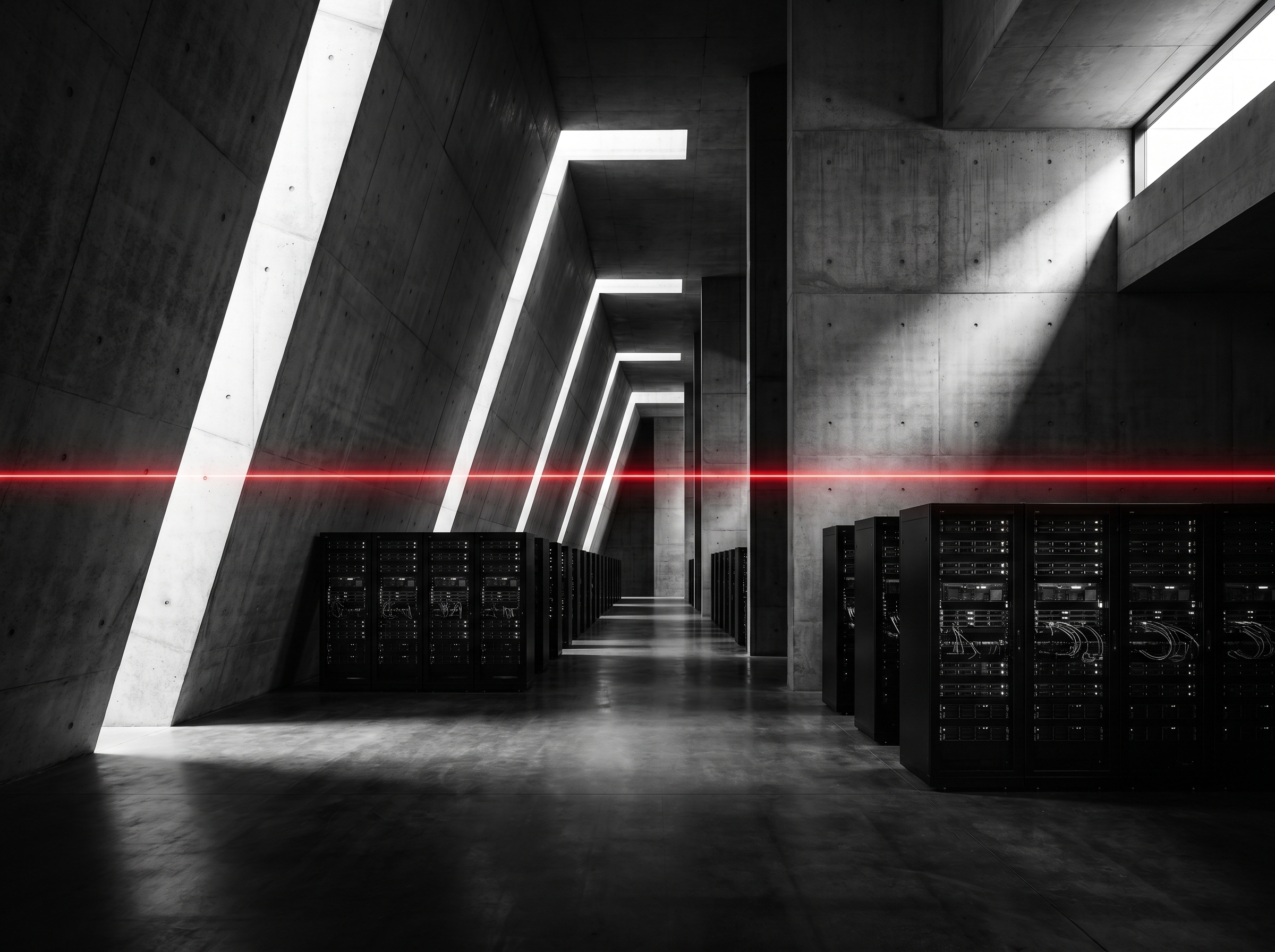 Brutalist concrete server room with server racks and a red laser beam cutting across the dark space