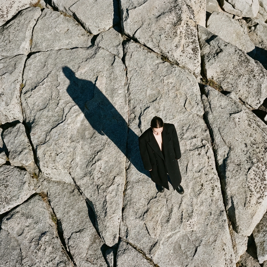 Aerial drone shot of a model in a long black coat on a granite summit