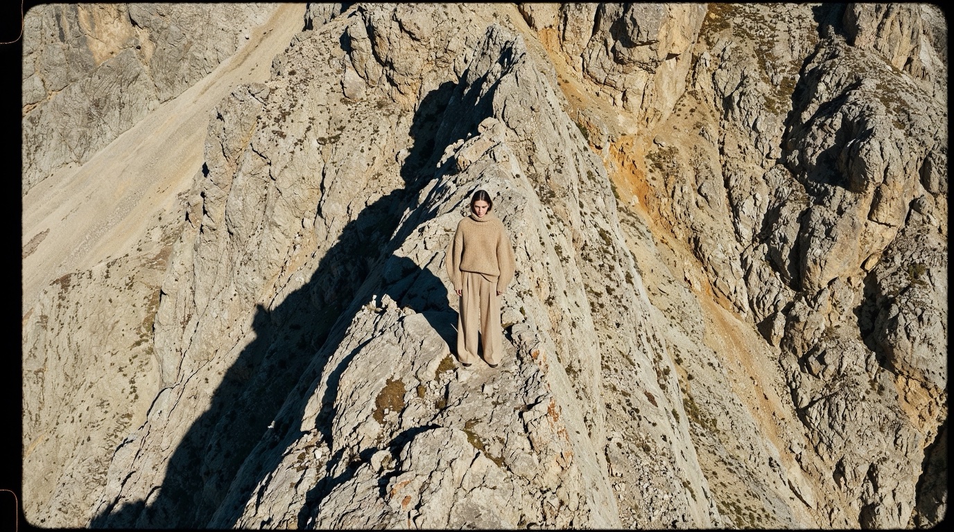 Drone shot of a model in beige cashmere on a rocky alpine ridge