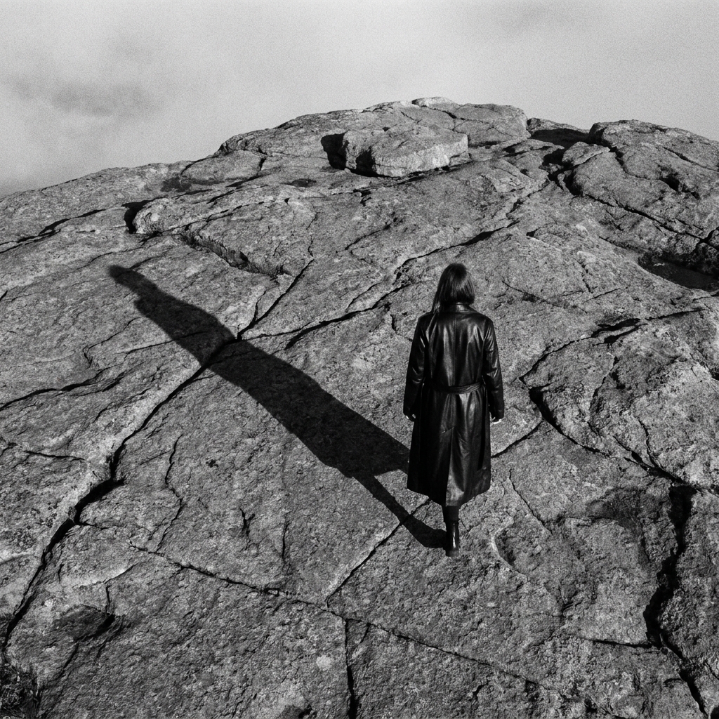 Monochrome aerial of a model in a black leather coat on rock