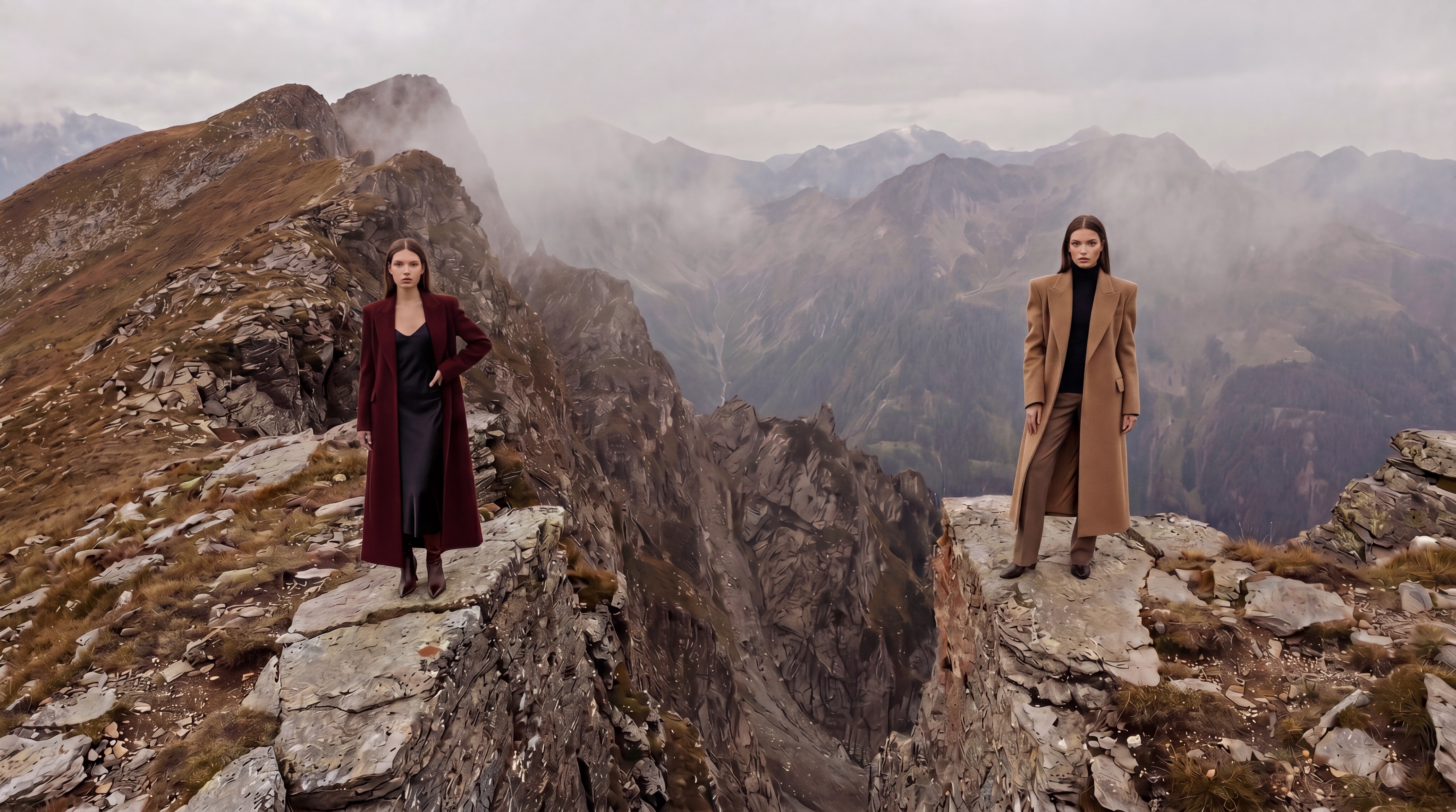 Two models on opposing alpine cliffs — left in oxblood couture coat, right in camel tailored coat over black turtleneck