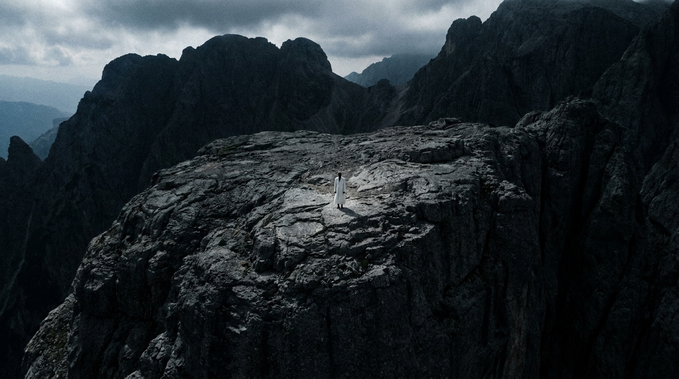 Wide high-altitude drone shot of a single white-coated figure